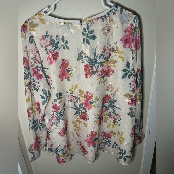 Loft Shimmer Floral Chiffon Ruffle Puff Sleeve Blouse Size 16 - Picture 3 of 4